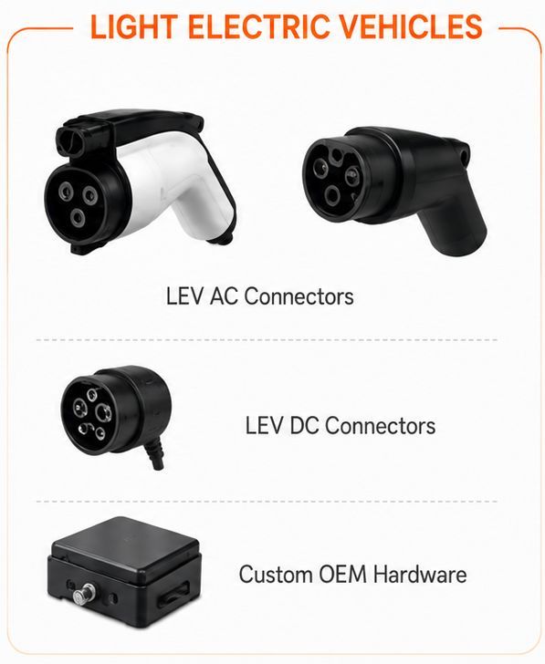 Light Electric Vehicles Connectors - LEV AC, LEV DC, Custom OEM Hardware
